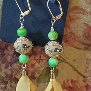 Lovely limeless Gold,Boho Gold Bead w/Green Crystals Dangle Earrings.